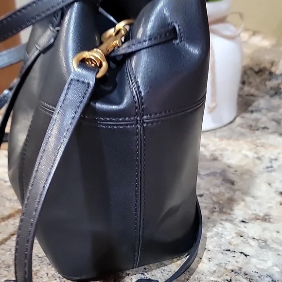 Tory Burch EUC Mini Drawstring Bucket Bag Purse Black Leather - Picture 5 of 8